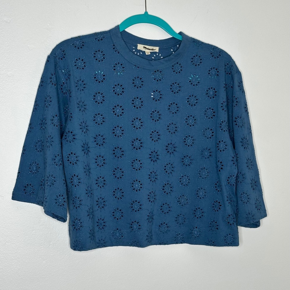 NEW Madewell Blue Eyelet Cotton Embroidered Crop Top Blouse XXS Made in India - Picture 2 of 7